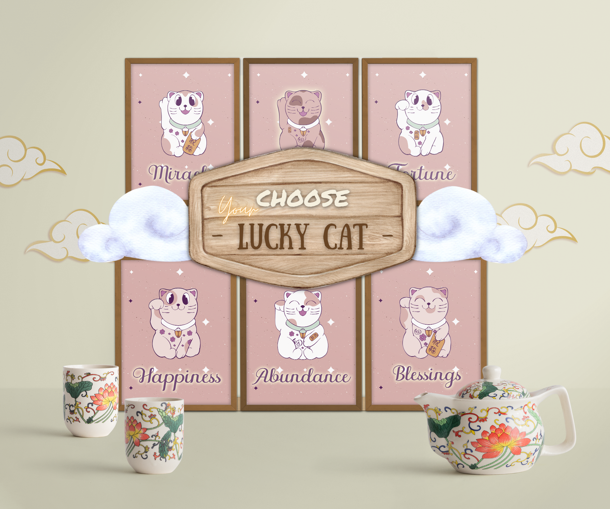 Personalized Japanese Lucky Cat Prints with Supportive Keyword Message